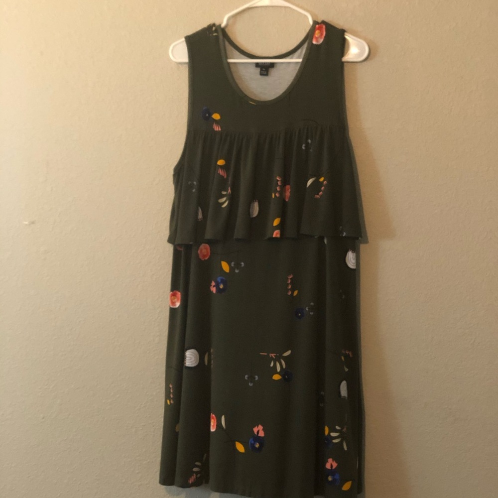 a.n.a. dress is a sleeveless, olive green shift dress with a layered ruffle